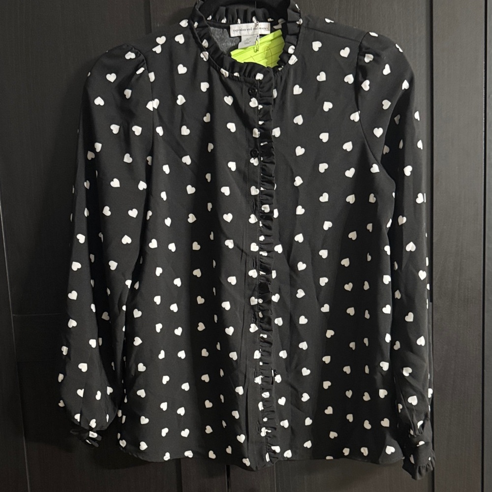 cupcakes & cashmere Black Shirt with White Heart Pattern